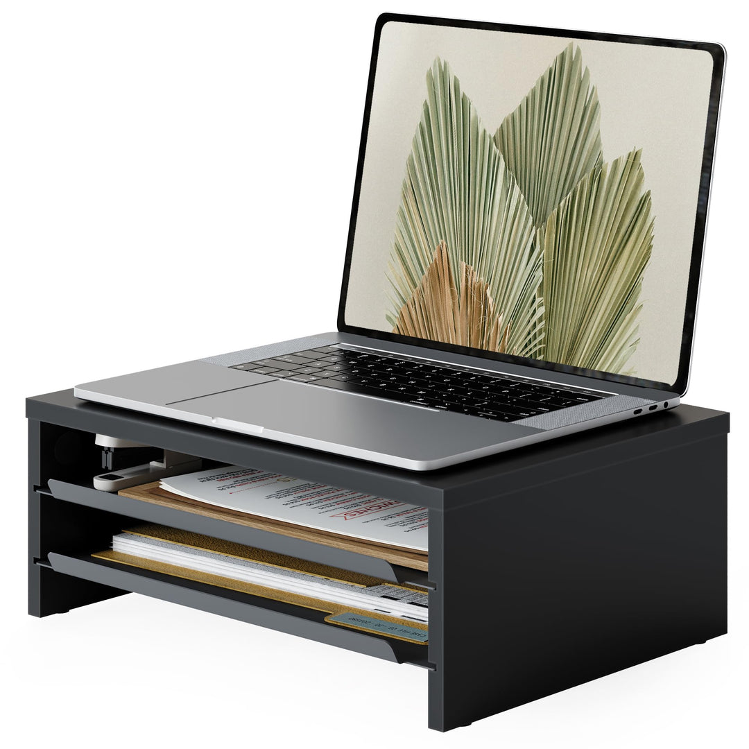 Fenge Monitorständer, Monitorerhöhung mit Ablage, Holz und Metall, Schreibtisch-Organizer für Zuhaus
