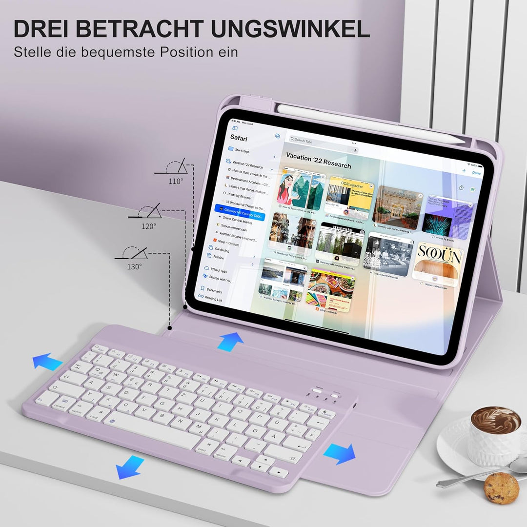 Hülle mit Tastatur für iPad A16 11 Generation2025/10 Generation 2022, (11/10.9 Zoll), 7-farbige Magn