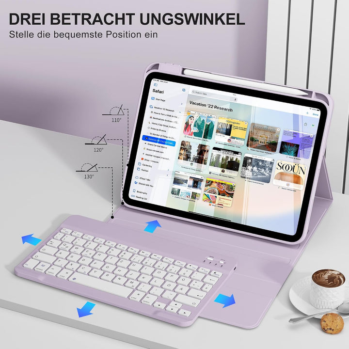 Hülle mit Tastatur für iPad A16 11/10 Generation (2025/2022, 11/10.9 Zoll) - QWERTZ Deutsches Layout