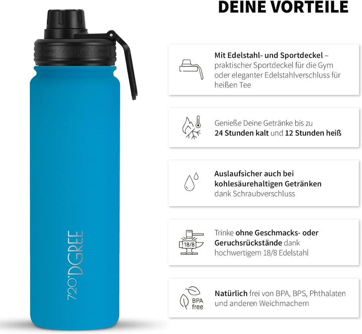 720°DGREE Edelstahl Trinkflasche “noLimit” – 1200ml - Auslaufsicher, Kohlensäure geeignet, BPA-Frei