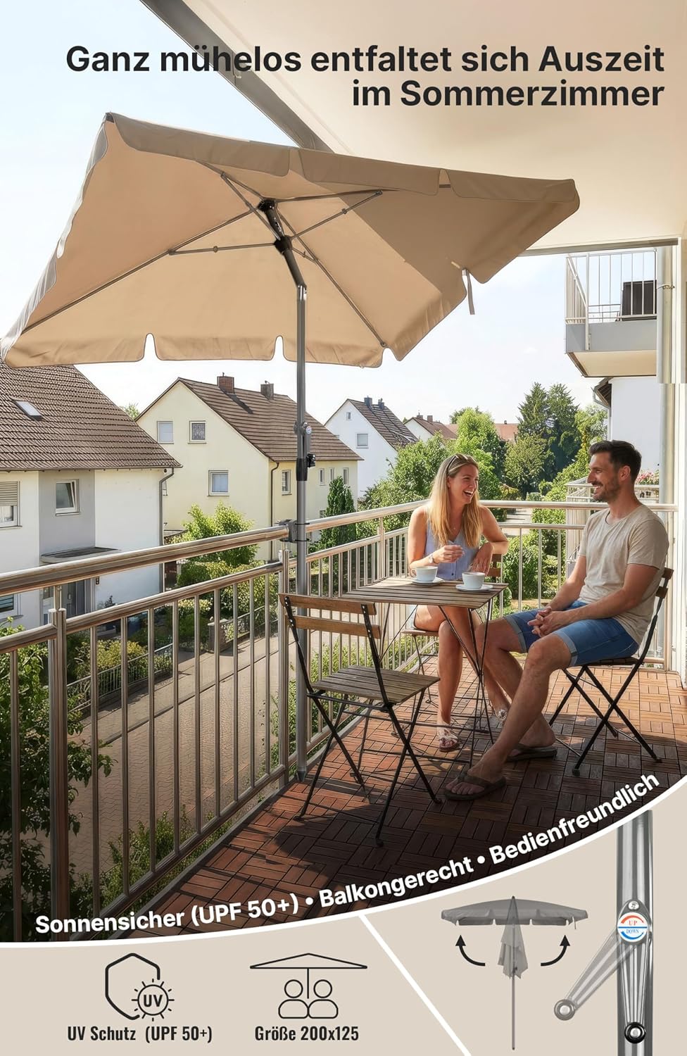 4smile Sonnenschirm Balkon mit Kurbel 200 × 125 cm, Taupe | Sonnenschirm rechteckig, Sonnenschutz Ba