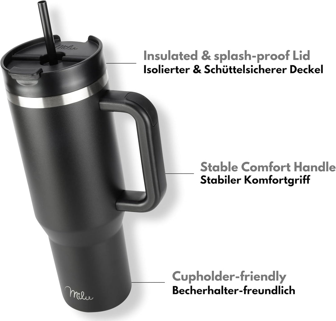 Milu Thermobecher 1200ml mit Strohhalm und Henkel – 48h Eis/24h kalt/12h heiss Edelstahl Tumbler 40o
