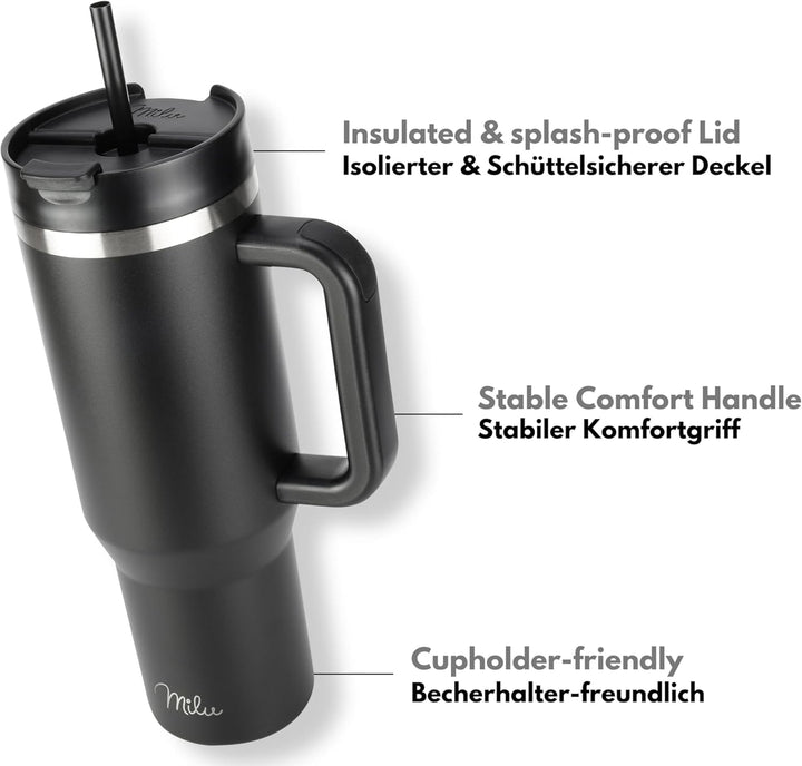 Milu Thermobecher 1200ml mit Strohhalm und Henkel – 48h Eis/24h kalt/12h heiss Edelstahl Tumbler 40o