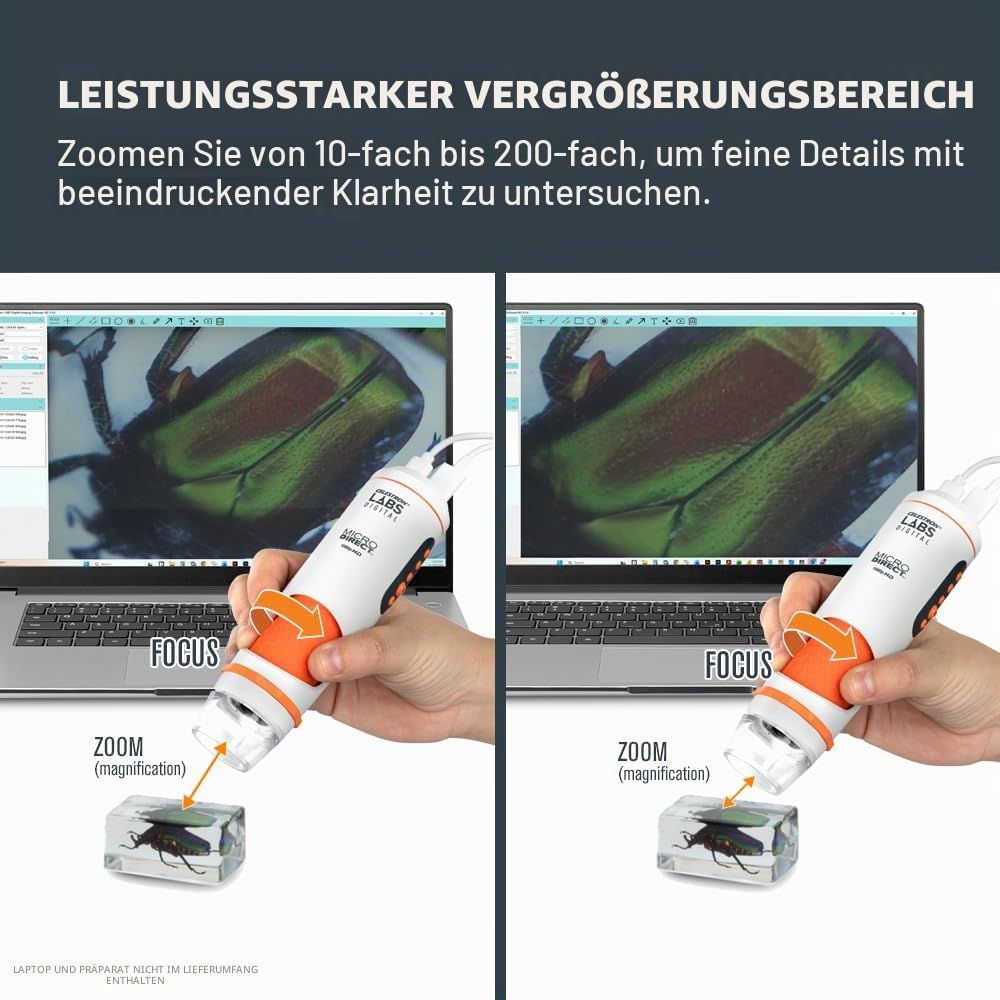 Celestron 44316 MicroDirect 1080P HDMI digitales Hand-Mikroskop, 10- bis 220-fache Vergrösserung, Gr