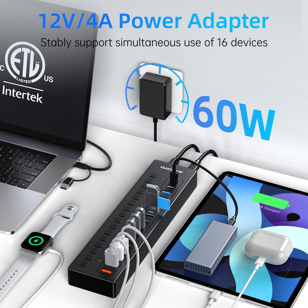 USB C Hub Aktiv, ANYOYO 16 In 1 USB 3.0 Hub mit Netzteil(60W) Powered USB Hub mit 4 Ladeanschluss，US