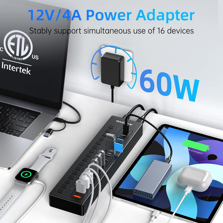 USB C Hub Aktiv, ANYOYO 16 In 1 USB 3.0 Hub mit Netzteil(60W) Powered USB Hub mit 4 Ladeanschluss，US