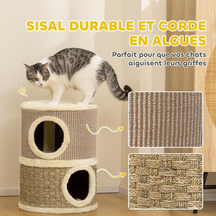 PawHut Kratztonne für Katzen 49 cm Hoch Ø 35,5 cm Katzentonne mit 2 Etagen Sisalseil, Plüsch Katzenh