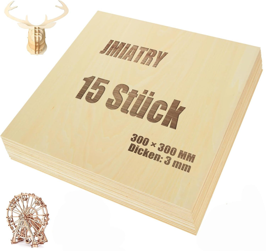 JMIATRY 15 Stück Sperrholzplatte 3mm, Lindenholz 300 * 300 * 3mm, Holzplatten zum Basteln, Holzplatt