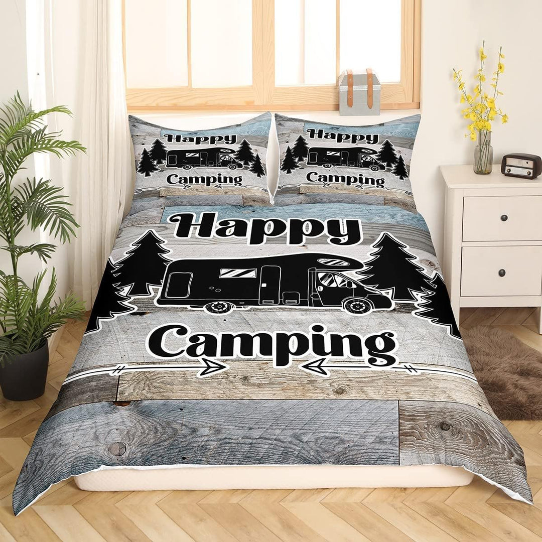 Happy Camping-Bettwäsche-Set, 135 x 200 cm, für Jungen, Kinder, Teenager, rustikaler Bettbezug im La