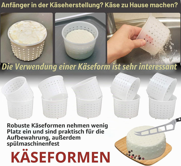 PetriStor Kleine Käseform für Käseherstellung, 10 Stück, Weichkäseformen, hausgemachter Käse, Frisch