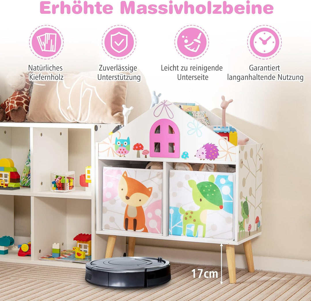 DREAMADE Kinderregal mit 4 Fächer und 2 Aufbewahrungsboxen, Spielzeugregal Spielzeugkiste Spielzeug-
