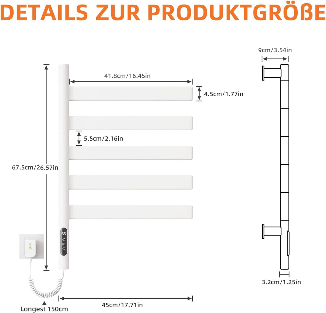 ZOYI 180°Drehung Handtuchheizkörper Elektrisch, Badheizkörper Elektrisch, Handtuchtrockner elektrisc