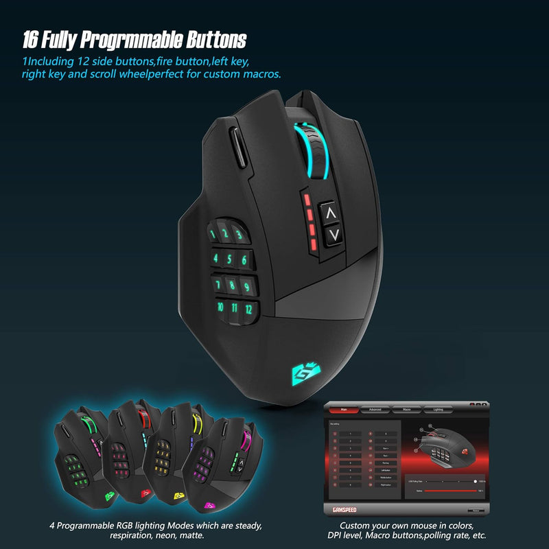 Rytaki Gamspeed V8 Pro Wireless MMO Gaming Maus 16000 DPI USB Laser MMO Maus mit RGB Beleuchtung/16