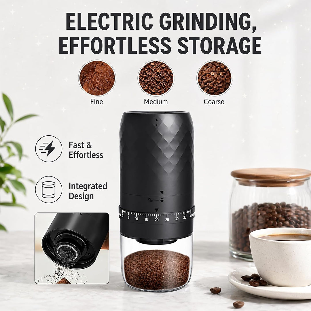 Kaffeemühle Elektrisch, tragbar mit Kegelmahlwerk und 5 einstellbaren Mahlgraden, USB Schnellladung
