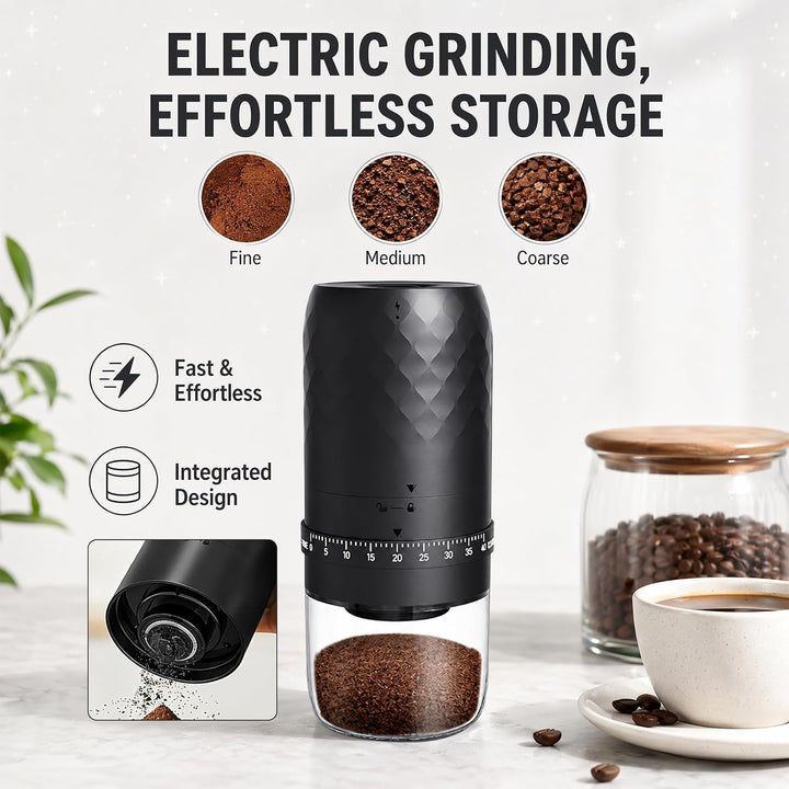 Kaffeemühle Elektrisch, tragbar mit Kegelmahlwerk und 5 einstellbaren Mahlgraden, USB Schnellladung