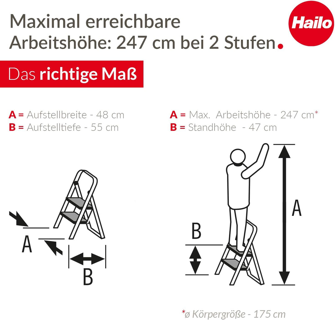 Hailo K44 StandardLine Klapptritt - 2-stufige Trittleiter aus Stahl mit grossen Stufen und Anti-Ruts