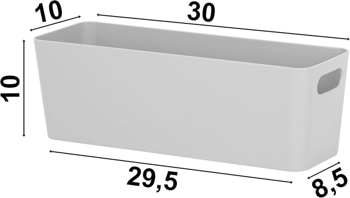 Hummelladen 3x Ordnungsbox 10 cm hoch - GRAU - 30x10x10cm 2 Liter - mit Beschriftungsclip Ordnungsko