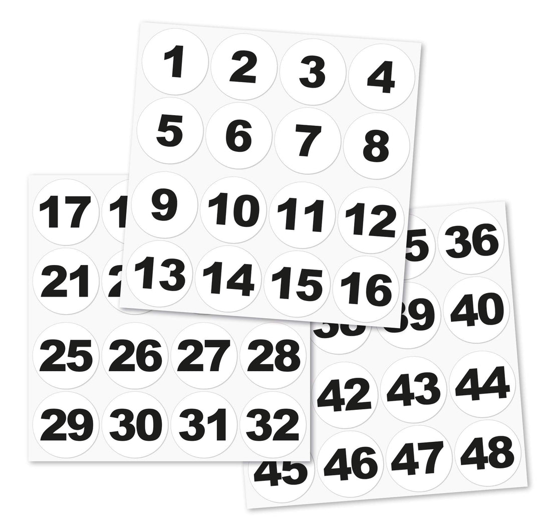 Runde Zahlenaufkleber Nr. 1-48, Grösse: 60 mm, vinyl, schwarz/weiss