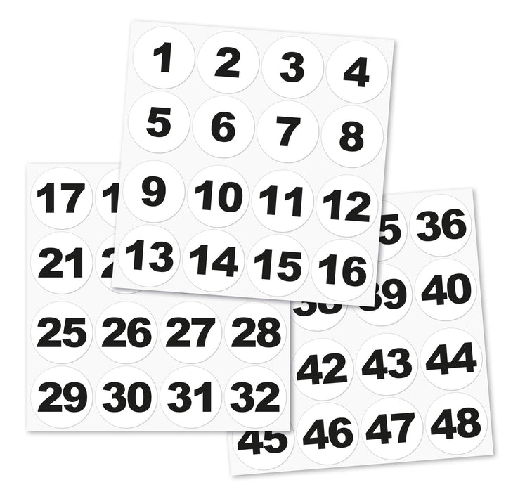 Runde Zahlenaufkleber Nr. 1-48, Grösse: 60 mm, vinyl, schwarz/weiss