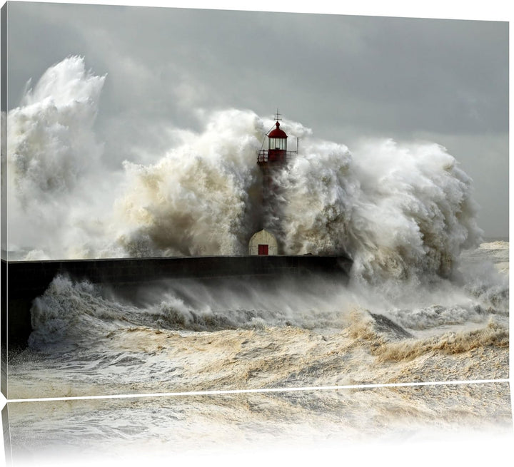 Leuchtturm im Sturm Format: 100x70 auf Leinwand, XXL riesige Bilder fertig gerahmt mit Keilrahmen, K
