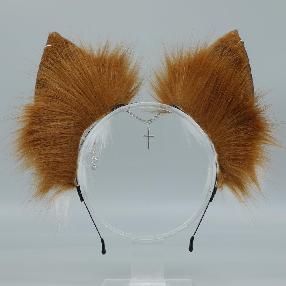 VIGVAN Handgemachte Wolf Fuchs Ohren Cosplay Kopf Zubehör Kawaii Haarband (Kette Braun Weiss), Kette