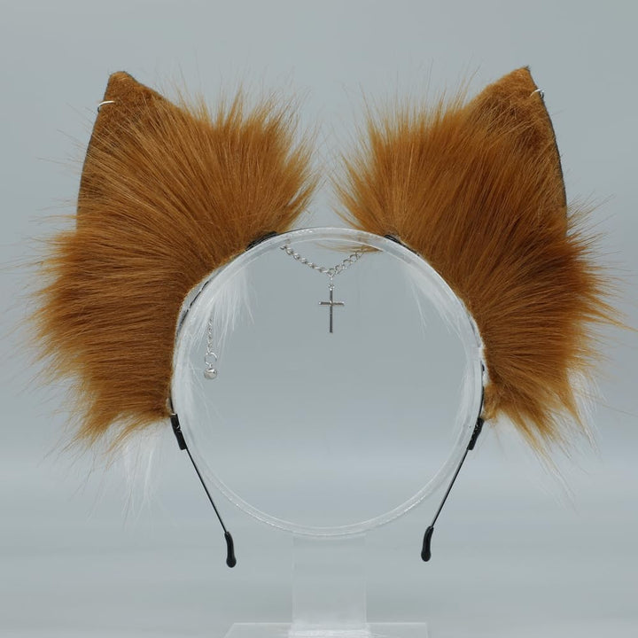 VIGVAN Handgemachte Wolf Fuchs Ohren Cosplay Kopf Zubehör Kawaii Haarband (Kette Braun Weiss), Kette