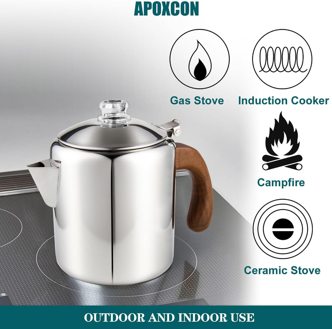 APOXCON Edelstahl-Kaffeekanne aus Edelstahl mit feuerfestem Holzgriff &amp; sichtbarem Brühknauf für all