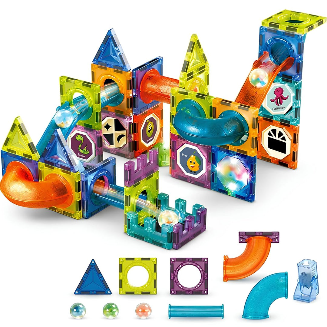 LightCube Magnetspielbausteine, (kreatives Spielset, 75 St., Kombiniertes BAU- und Kugelbahnsystem),