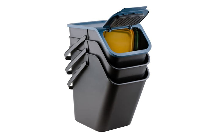 3-er Set Mülleimer und 3-Pack Bioaktivkohlefilter, Stapelbox Klick-Deckel, Abfalltrennsystem Küche M