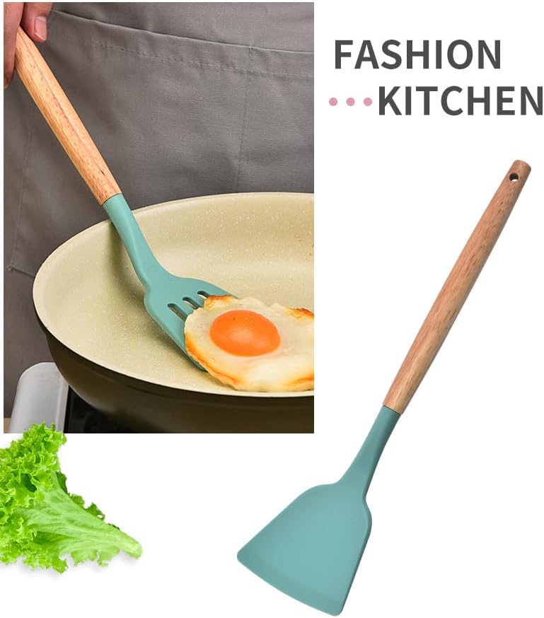 Silikon-Küchenutensilien-Set, 12-teilig, Holzgriffe, Aufbewahrungsbecher (Khaki)