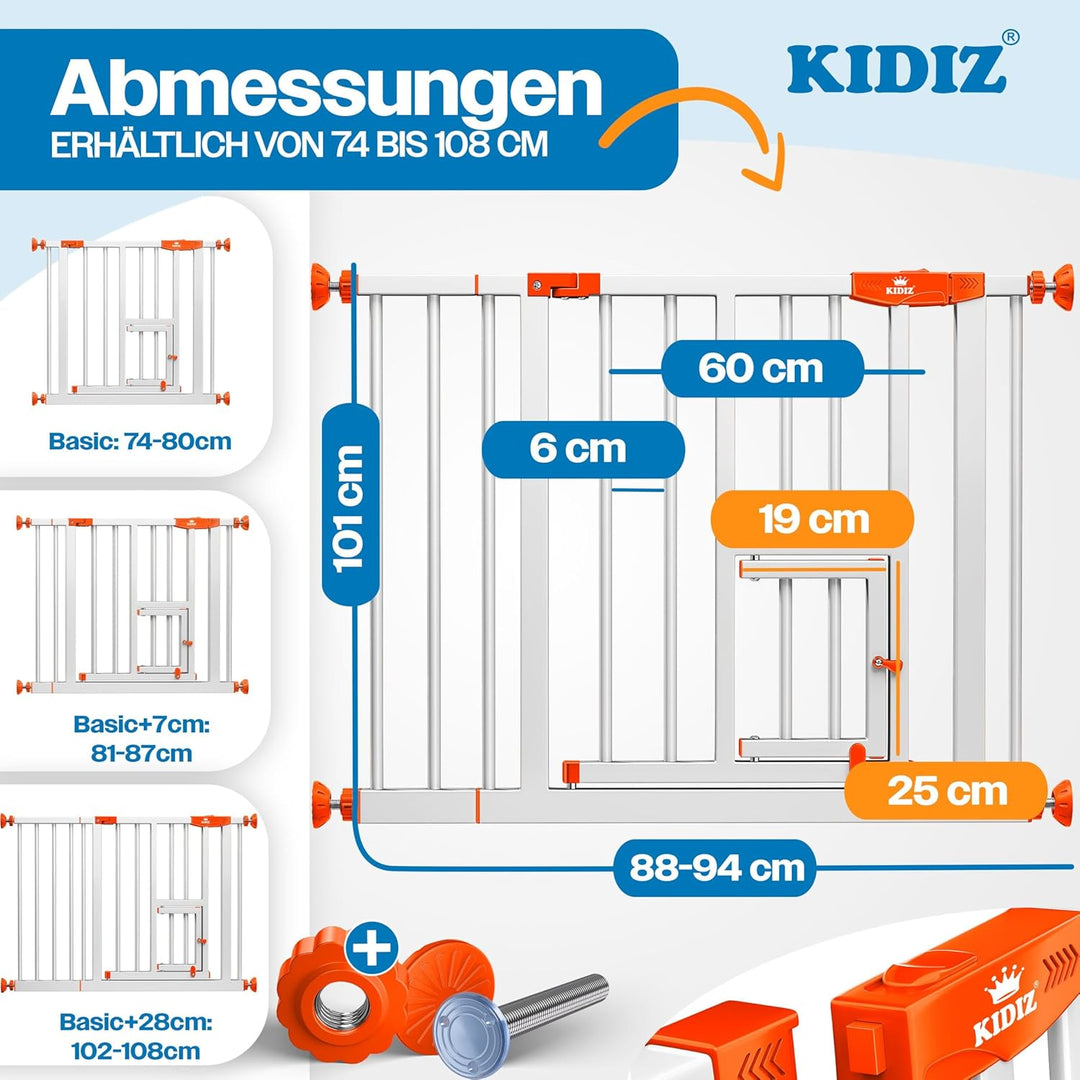 KIDIZ Absperrgitter zum Klemmen mit Katzenklappe, Türschutzgitter, Autoclose Kinder Treppengitter oh