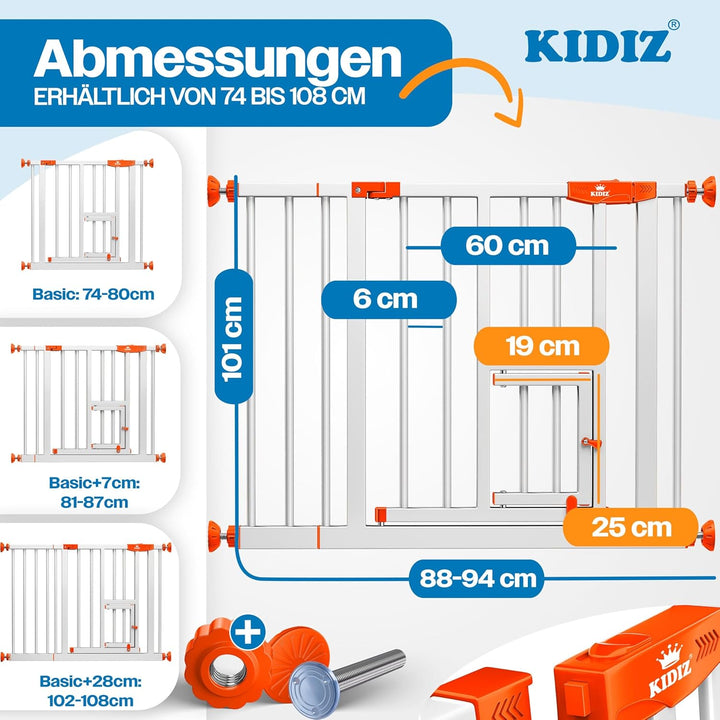 KIDIZ Absperrgitter zum Klemmen mit Katzenklappe, Türschutzgitter, Autoclose Kinder Treppengitter oh