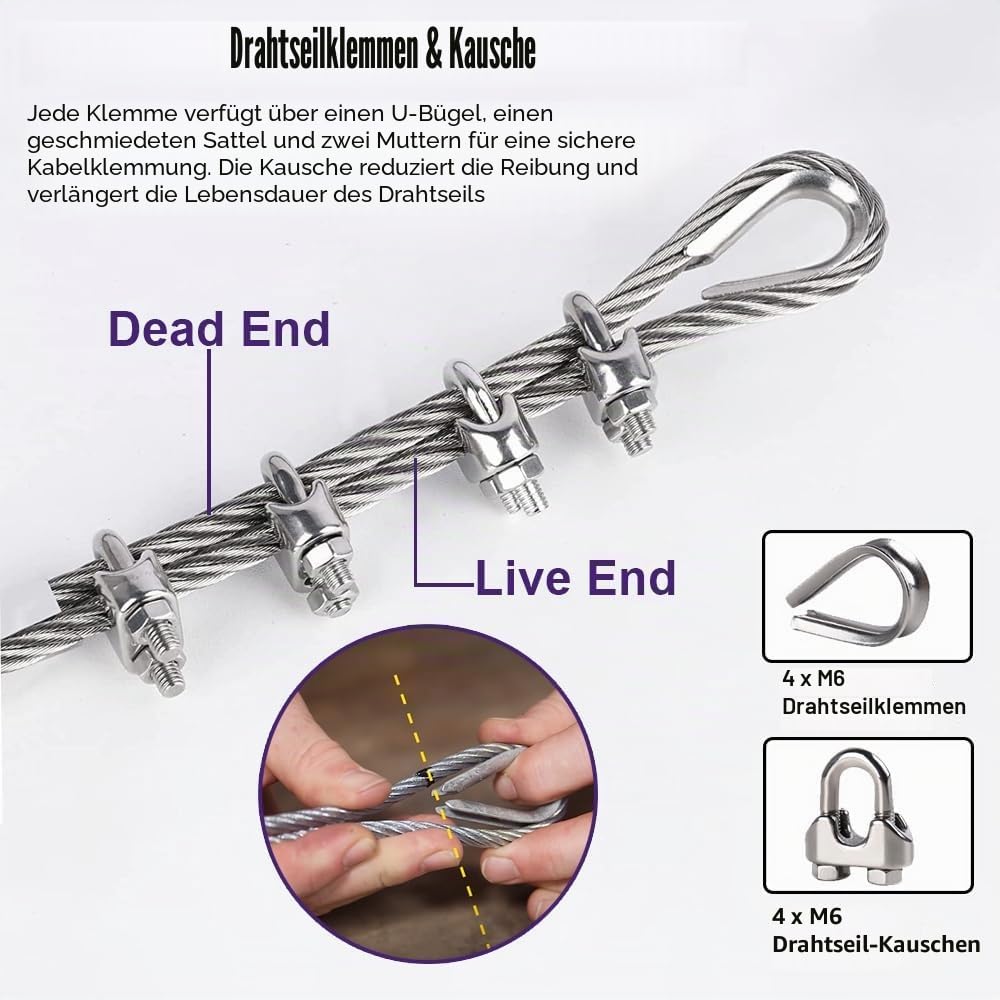 hannger Edelstahldrahtseil 6mm, 15 Meter 7x19 Edelstahlseil, 304 Edelstahl Stahlseil mit Ösen, 2900k