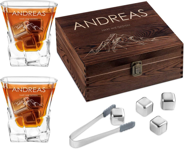 Maverton Whisky Steine Set - in Holzbox mit Gravur - 8 Eiswürfel + 2 Whisky Gläser - wiederverwendba