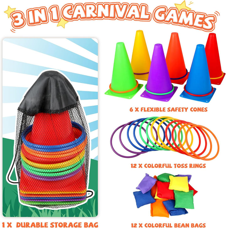 31 Stück Outdoor Spiele für Kinder, 3 in 1 Wurfspiel Kinder Outdoor Cornhole Säckchen Bean Bag Pylon