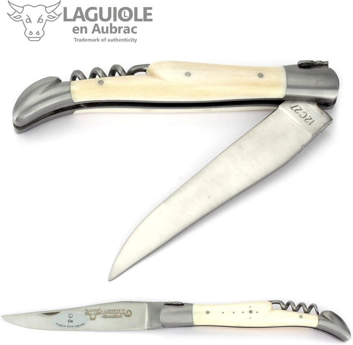 Laguiole en Aubrac Taschenmesser Korkenzieher 12 cm Griff Knochen L0312OSIF, Messer Klinge matt, Bac