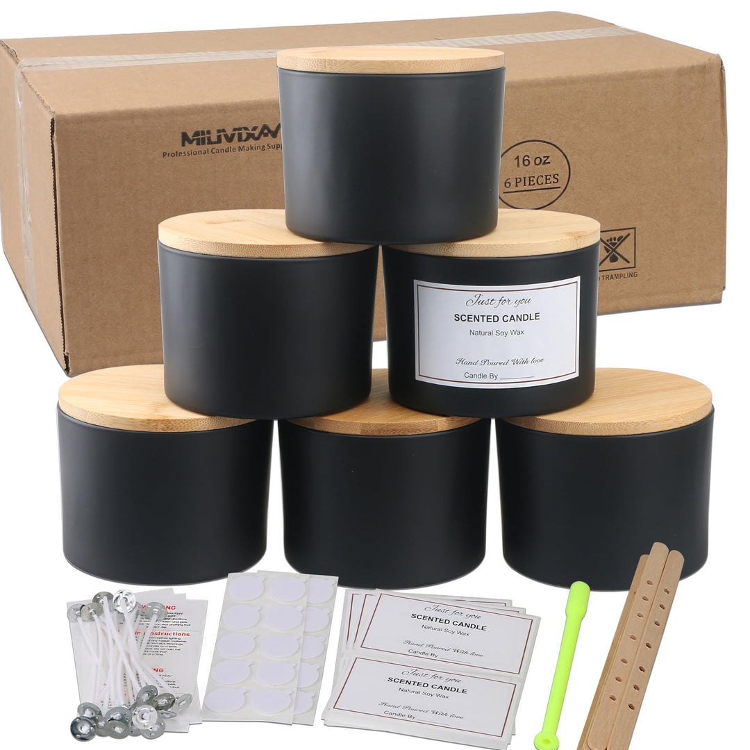 MILIVIXAY 6 Stück 473 ml Kerzengläser Mit Bambusdeckel und Kerzenherstellungs-Kits - 3 Docht-Gläser,