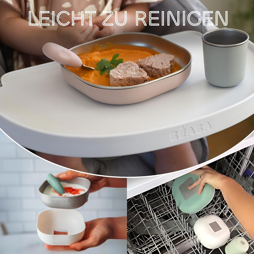 BÉABA Baby-Essensset Edelstahl 3-teilig – Glas + 2 Teller mit Silikonhülle, Mikrowellen- & Spülmasch
