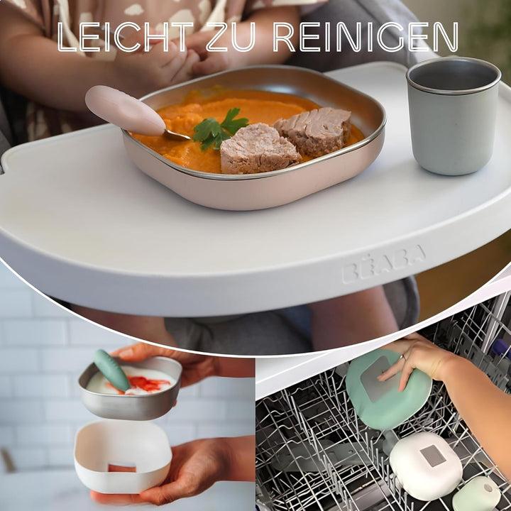 BÉABA Baby-Essensset Edelstahl 3-teilig – Glas + 2 Teller mit Silikonhülle, Mikrowellen- & Spülmasch