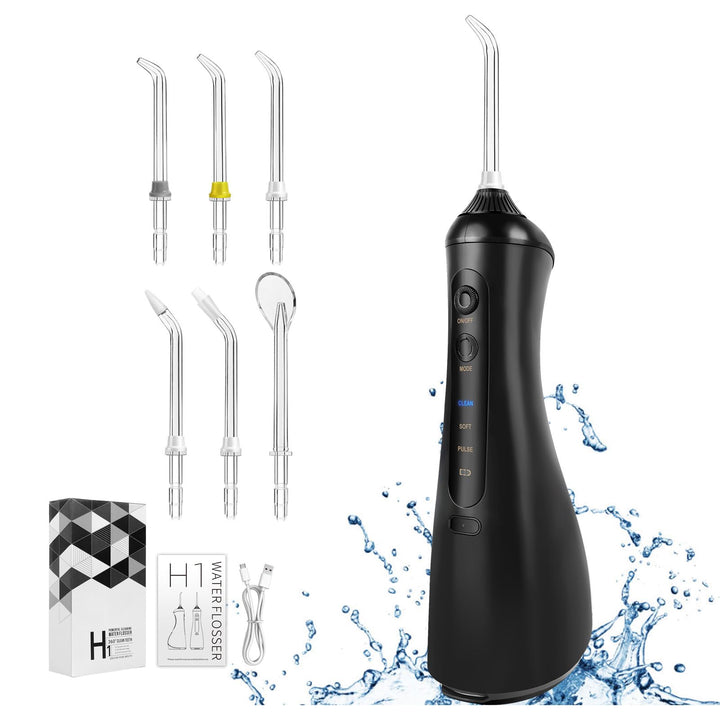 Akku-Munddusche Elektrische Zahnreiniger 320ML, 3 Modi, 6 Jet-Tipps, USB-C Aufladen, 1400mAh Akku, F