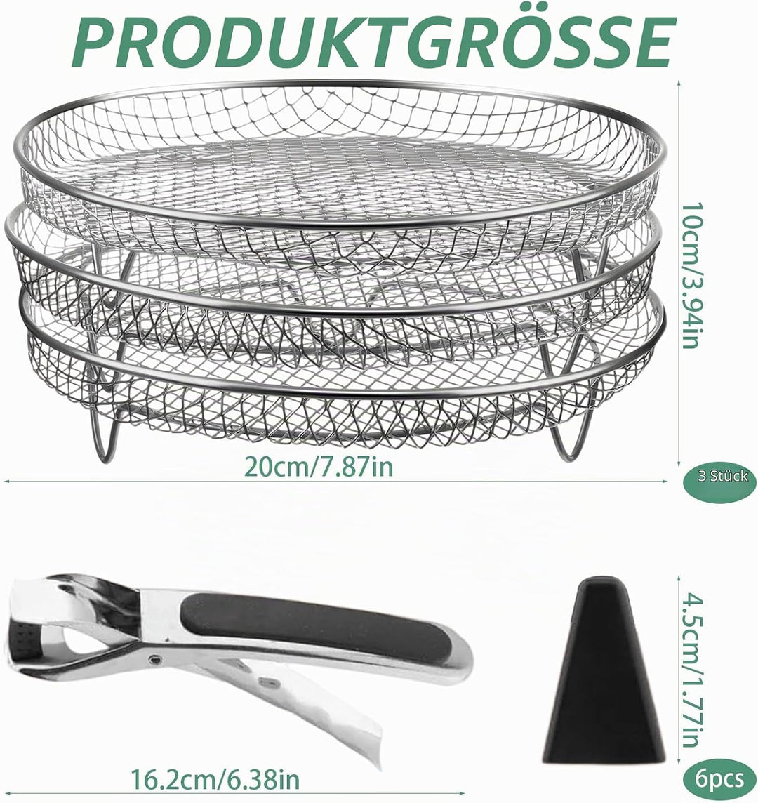 3-tlg. 304 Edelstahl Stapelbare Körbe für Airfryer, PHMING Gitter für Heissluftfritteuse, Heissluftf