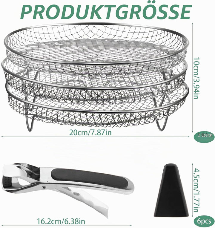 3-tlg. 304 Edelstahl Stapelbare Körbe für Airfryer, PHMING Gitter für Heissluftfritteuse, Heissluftf