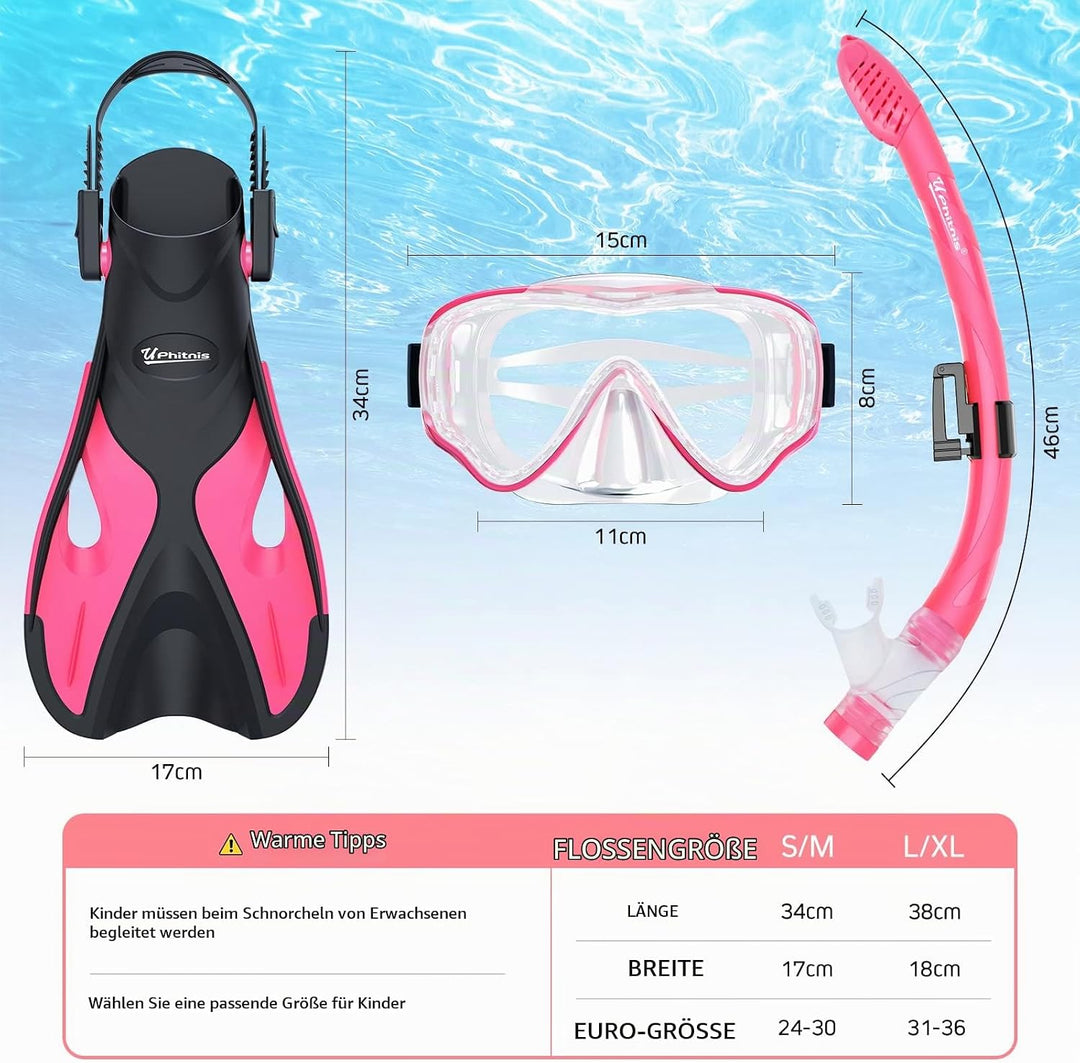 Schnorchelset Kinder mit Flossen,Anti-Fog 180°Panorama Taucherbrille Kinder, Verstellbaren Schwimmfl