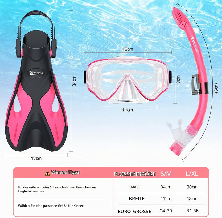 Schnorchelset Kinder mit Flossen,Anti-Fog 180°Panorama Taucherbrille Kinder, Verstellbaren Schwimmfl