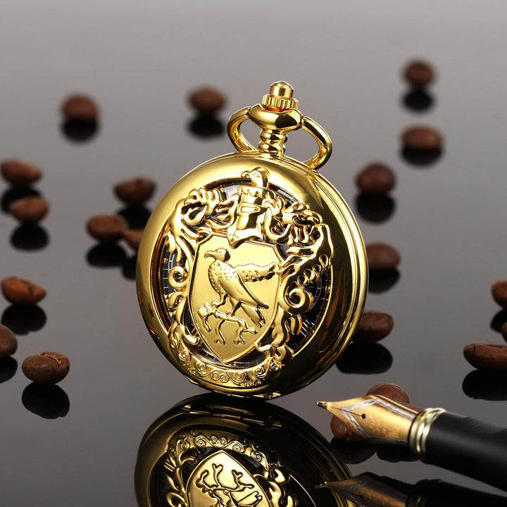 TREEWETO Unisex Taschenuhr Mechanisch Doppelter Abdeckung Vogelschild Skelett Steampunk Für Herren D