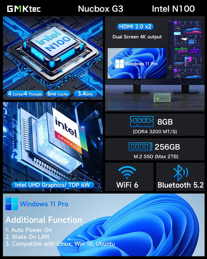 GMKtec Mini PC Alder Lake N100 Prozessor (3.4GHz) 8GB DDR4 RAM 256GB PCIe M.2 SSD, NUC Micro PC Comp