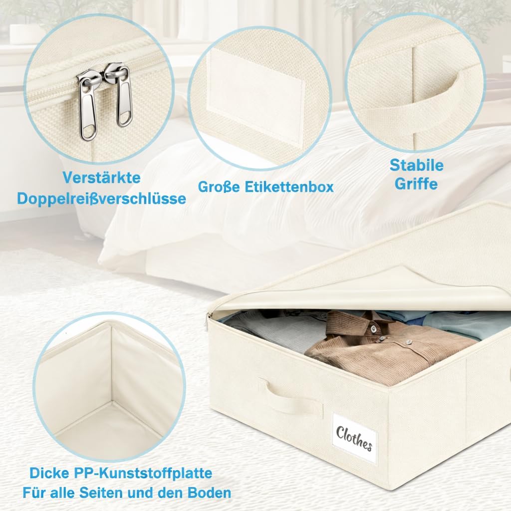 Unterbett Aufbewahrungsbox mit Deckel 12cm hoch, 2 Stück Faltbar Unterbettkommode, Waschbar Kleidera