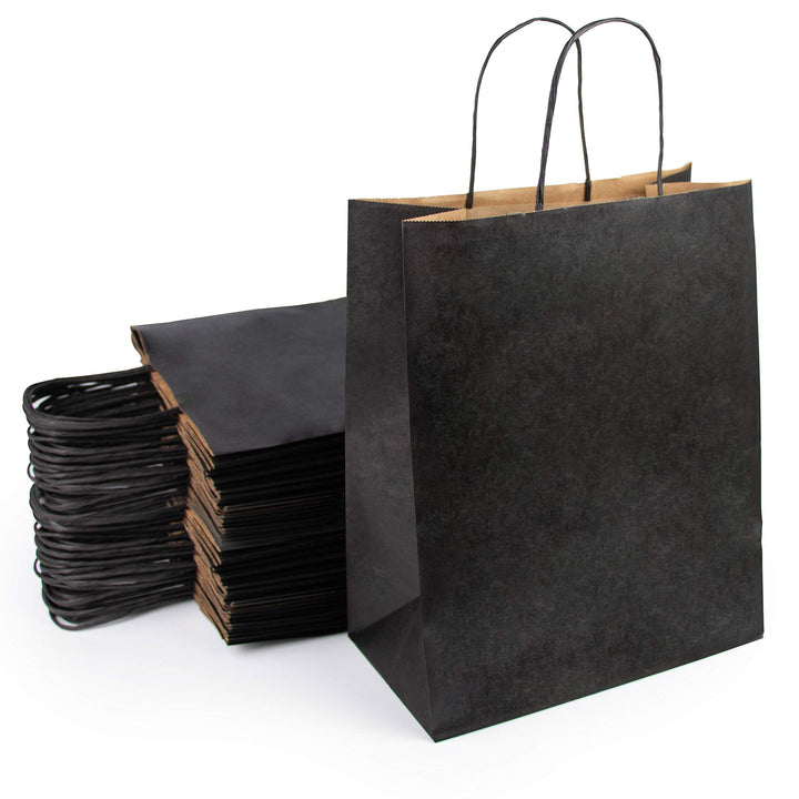 Extiff 50 Stück Einkaufstaschen aus Kraftpapier schwarz mit Griffen – 26 x 14 x 32 cm Einkaufstasche