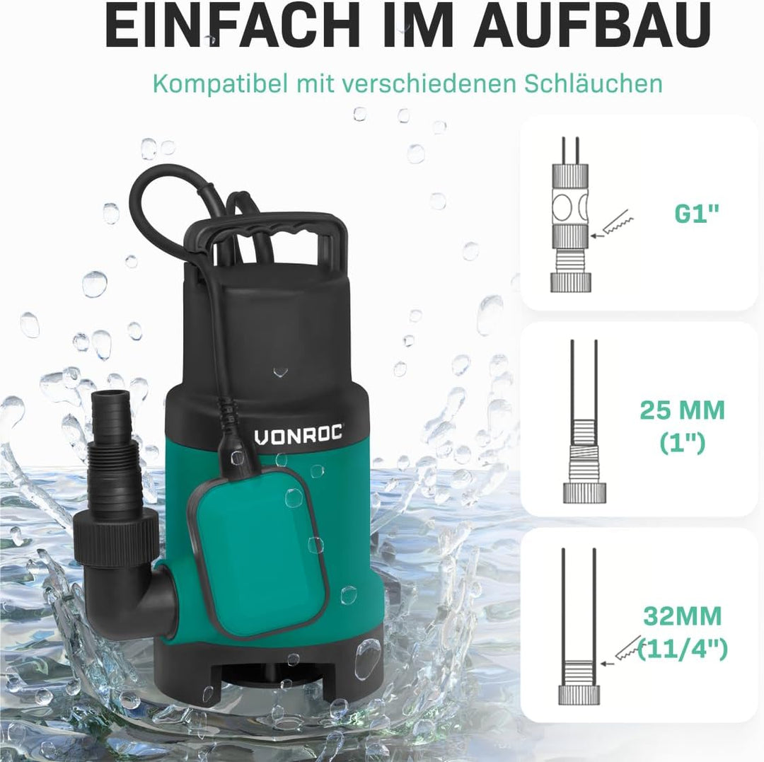 VONROC Tauchpumpe Schmutzwasserpumpe - Wasserpumpe für Schmutzwasser Keller - Flachsaugend - Gartenp