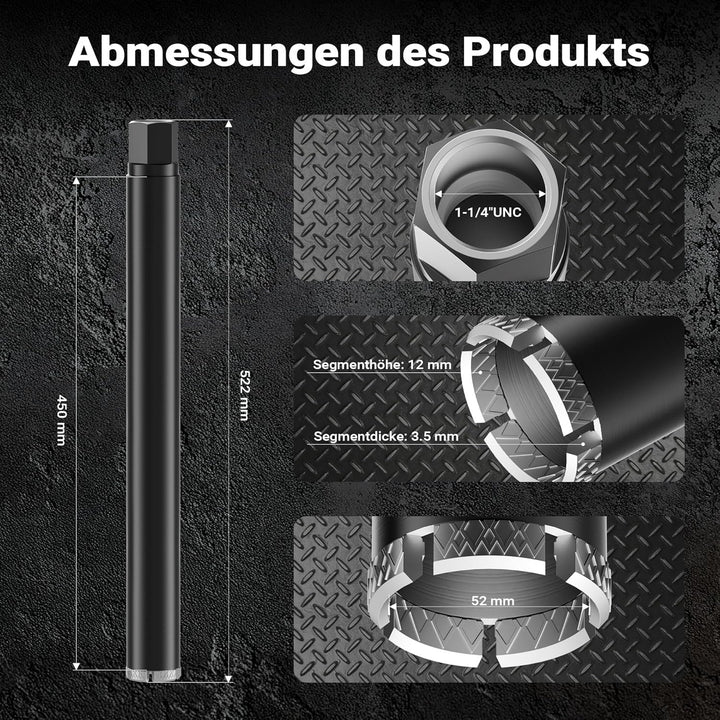 Wiltec Diamantbohrkrone Typ 2 (Mesh) Ø 52 mm, Bohrkrone 450 mm, 1¼ UNC Nassbohrkrone, Diamantbohrer